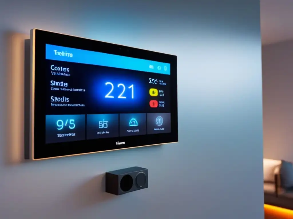 Panel de Control Inteligente: Hogar Futurista Panel de control domótico futurista en una elegante sala de estar