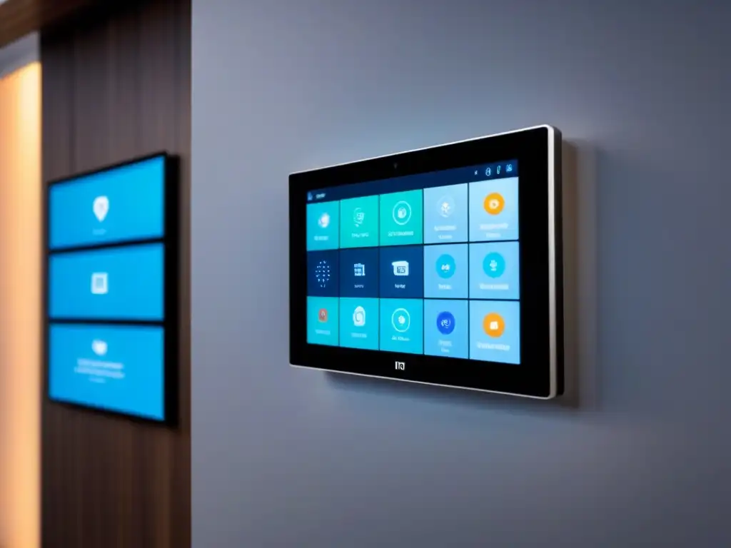 Panel de control domótico 8k: IoT en acción Panel de control domótico moderno en pared, mostrando dispositivos IoT conectados y gestionados remotamente