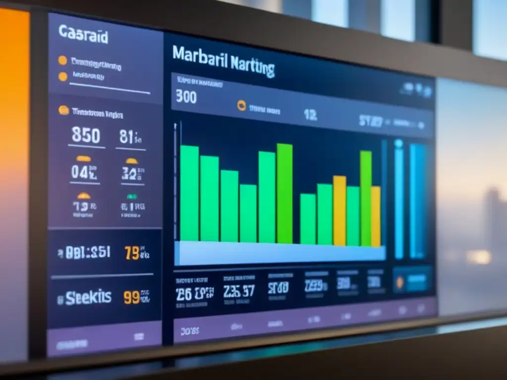 Tablero digital de marketing inmobiliario: análisis en tiempo real Un panel de control futurista muestra analíticas en tiempo real de campañas de marketing estacional en bienes raíces