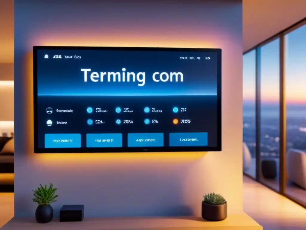 Panel de control inteligente para hogar futurista con IA y automatización Panel de control futurista en casa inteligente, con automatización alquileres IA inmobiliaria