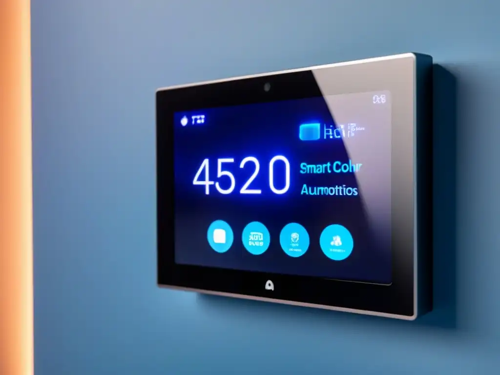 Panel de control futurista de casa inteligente en pared minimalista, con pantalla táctil y colores modernos
