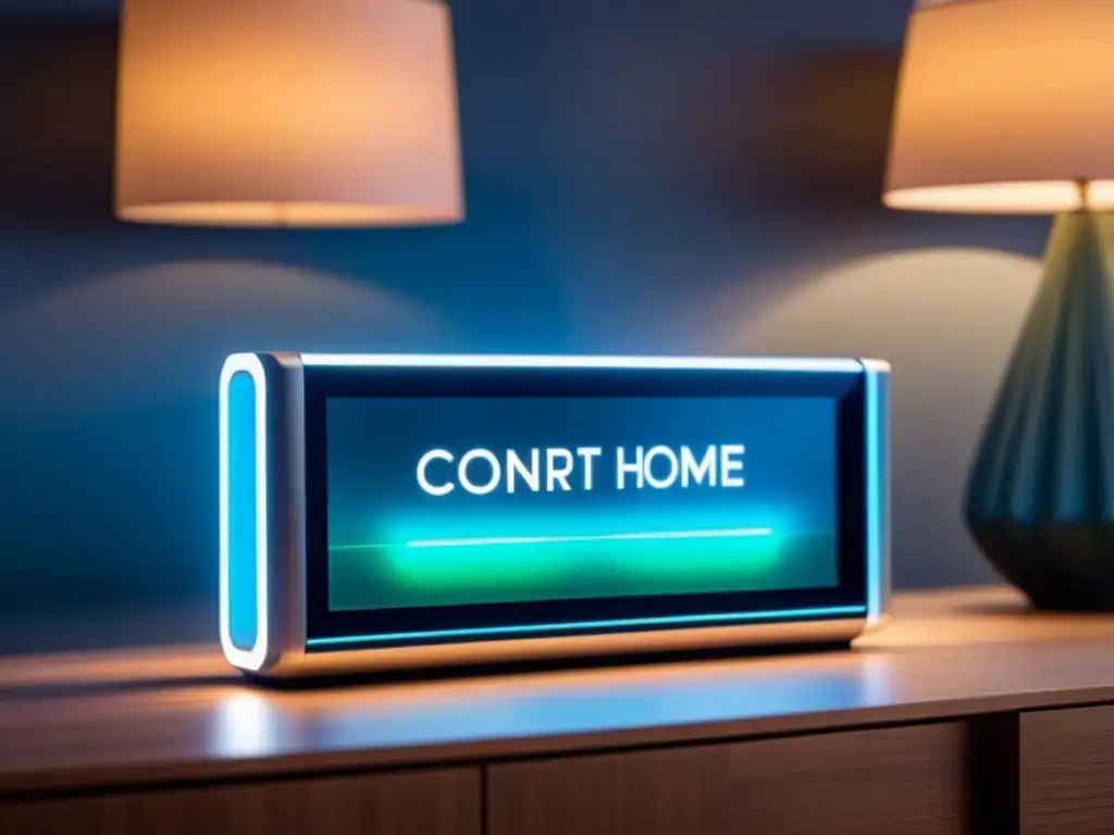 Panel de control de hogar inteligente futurista en ultradefinición 8k Panel de control futurista en casa inteligente con luces azules y verdes, mostrando funciones como control de temperatura y seguridad