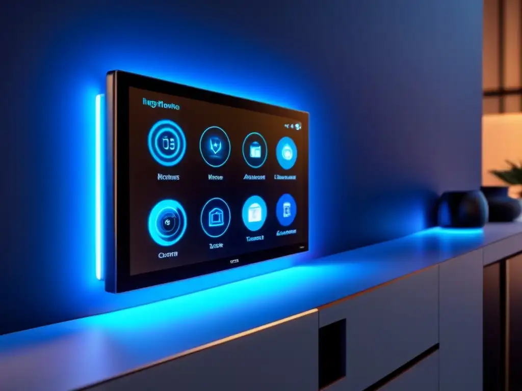 Panel de control inteligente futurista para hogar de lujo Panel de control futurista de casa inteligente con tecnología avanzada, iluminado en azul