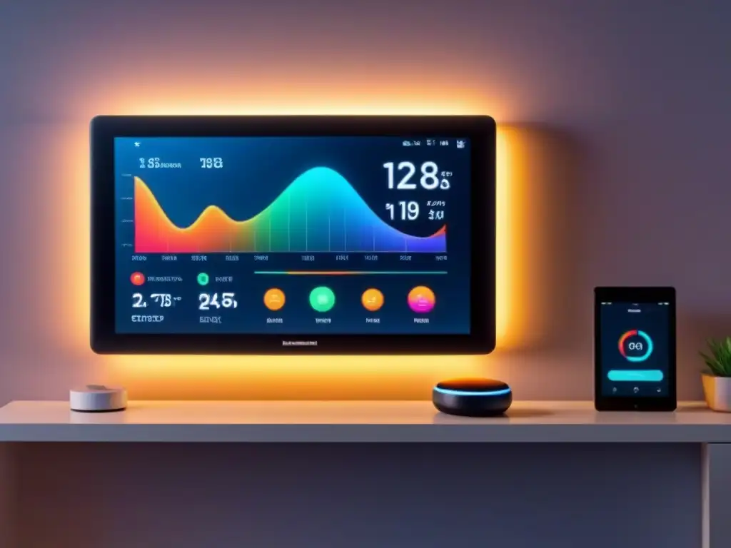 Panel de control futurista en casa inteligente, datos de consumo energético en tiempo real con gráficos coloridos
