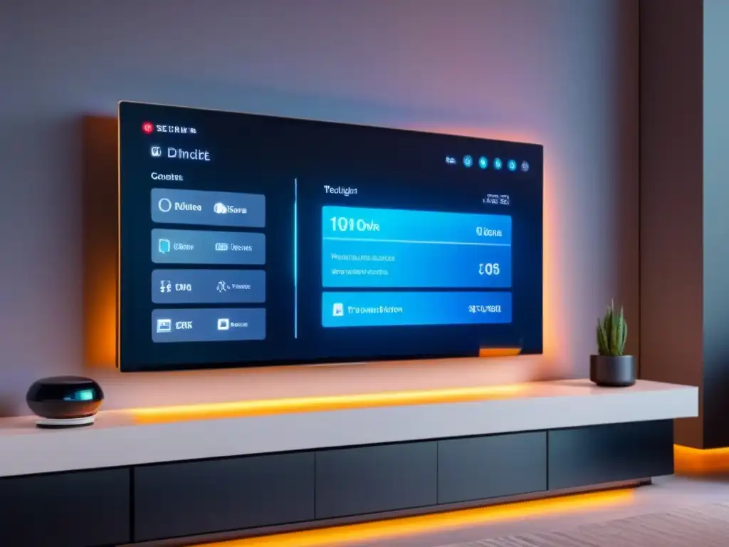 Panel de control futurista para hogar inteligente con holograma y tecnología avanzada en 2023 Panel de control futurista en casa inteligente con holograma y dispositivos interconectados