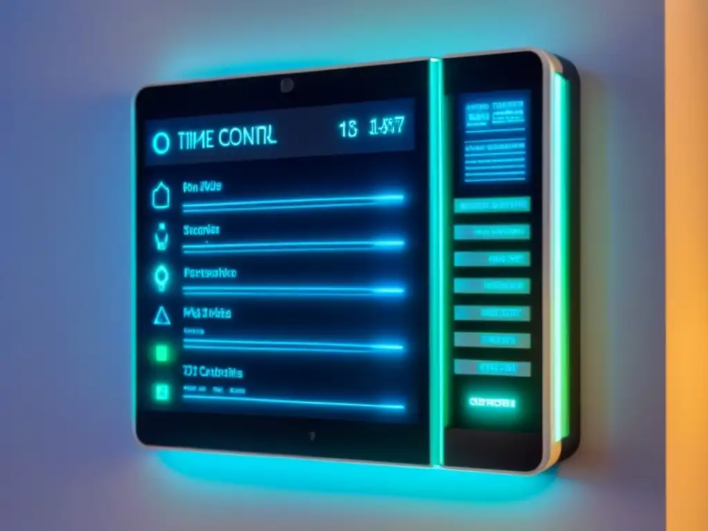 Panel de control domótico futurista: eficiencia y automatización Panel de control futurista en casa inteligente con luces azules y verdes, muestra funciones de temperatura, seguridad, energía y administración remota