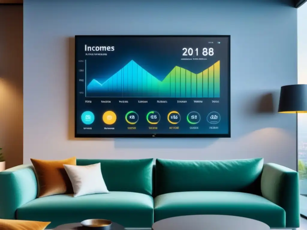 Panel de control futurista en hogar inteligente con gráficos financieros Panel de control futurista en casa inteligente con gráficos de ingresos y gastos en inmuebles