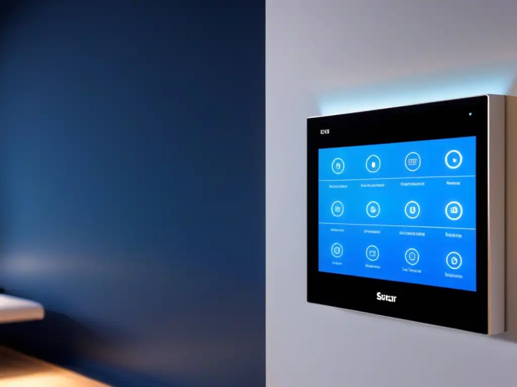 Panel de control inteligente para hogar futurista y sofisticado Panel de control futurista en hogar inteligente, con iluminación azul y blanca