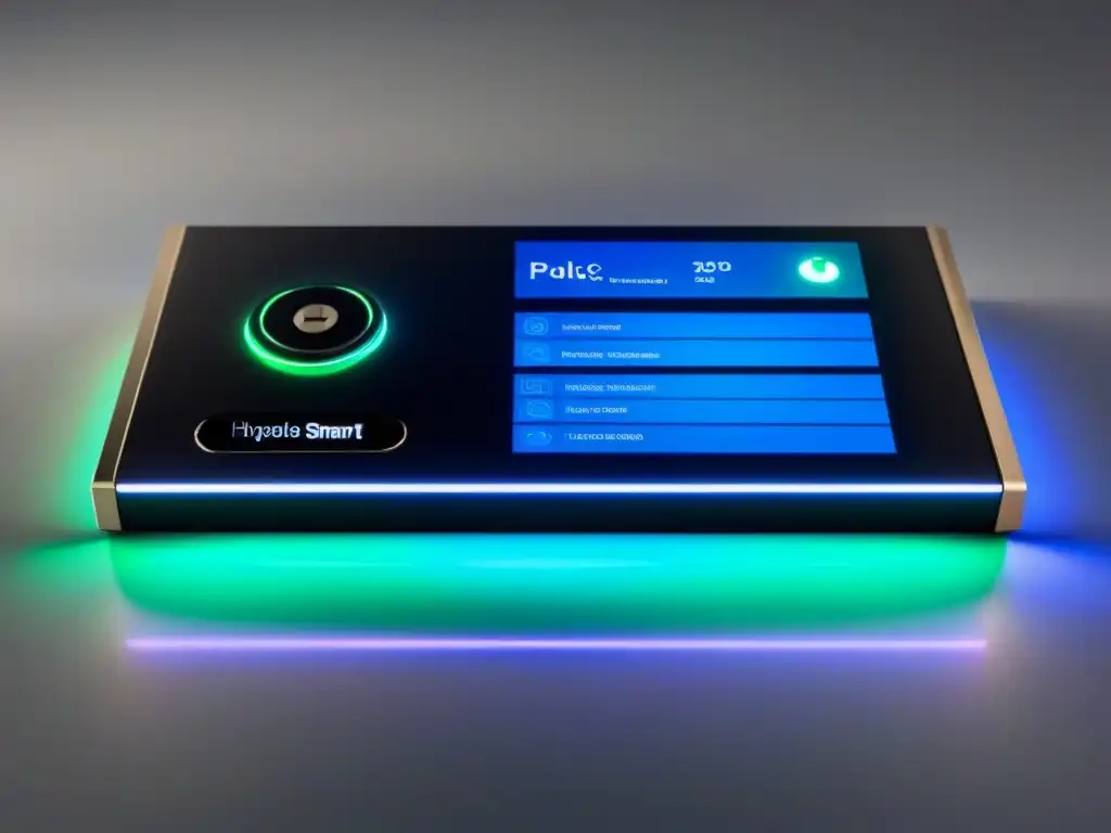 Panel de control de hogar inteligente futurista con seguridad avanzada Panel de control futurista para hogar inteligente con reconocimiento facial, escaneo de huellas y comandos de voz