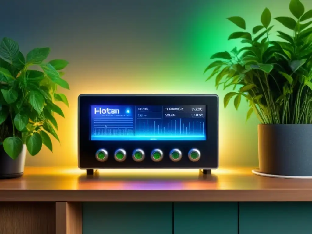 Panel de control inteligente con holograma y plantas verdes Panel de control futurista en hogar inteligente con holograma de consumo energético y plantas verdes, simbolizando sostenibilidad y alta tecnología