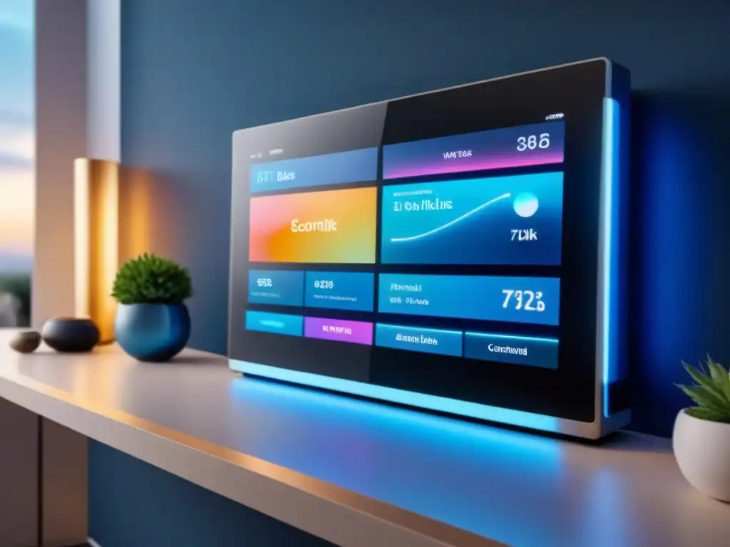 Panel de control futurista para hogar inteligente con holograma Panel de control futurista con holograma mostrando datos en tiempo real, integrado en un hogar inteligente