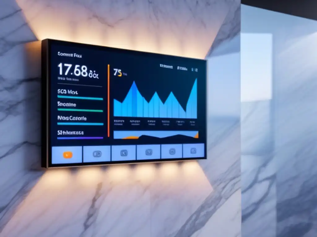 Panel de control inteligente de lujo con datos financieros en tiempo real en pared de mármol - Automatización financiera en bienes raíces Panel de control futurista en mármol iluminado, muestra datos financieros inmobiliarios con gráficos detallados