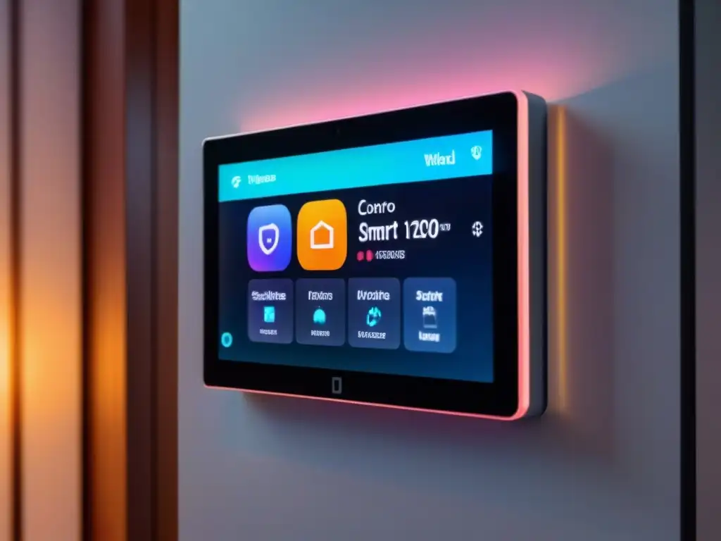Panel de control Smart Home futurista: tecnología integrada con elegancia Panel de control futurista de Smart Home en pared, con funciones de temperatura, seguridad, energía y voz