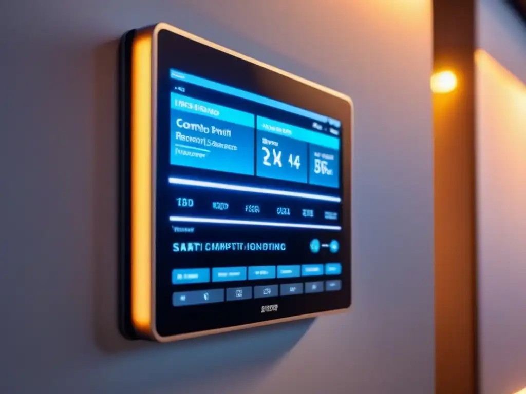 Panel de Control Inteligente Futurista con IA en Casa Inteligente Panel de control futurista con IA para supervisión remota de propiedades, en una habitación minimalista iluminada ambientalmente