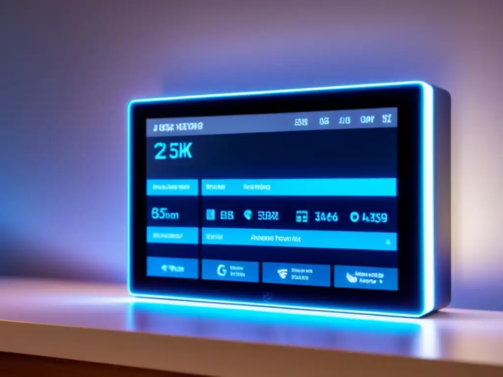 Panel de control futurista en sala contemporánea, destacando opciones de ahorro y automatización