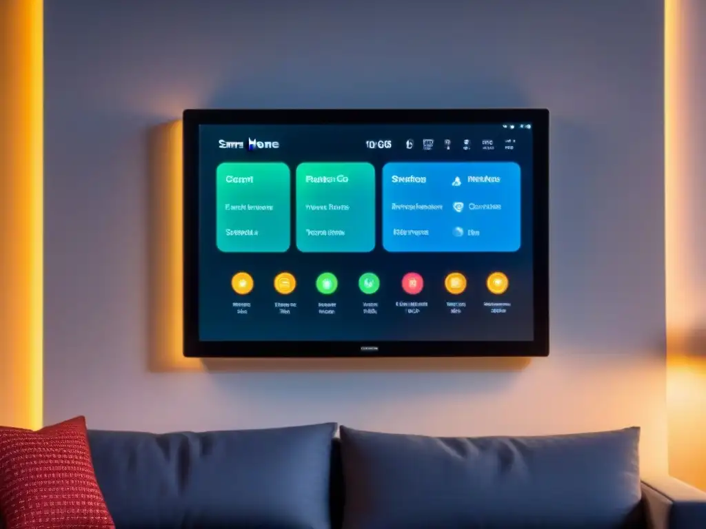 Panel de control inteligente de hogar moderno: diseño futurista y elegante Panel de control de hogar inteligente futurista en una elegante sala decorada, mostrando funciones de seguridad y automatización