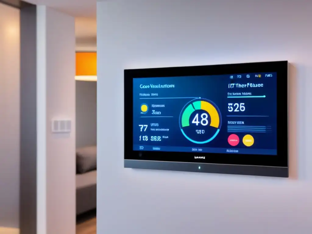 Panel de control inteligente para hogar moderno: IoT en acción Panel de control inteligente de casa mostrando datos y controles