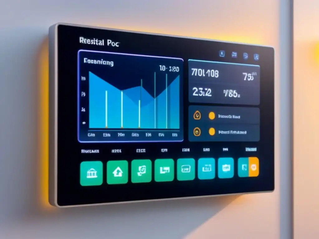 Panel de control inteligente para hogar: eficiencia y tecnología futurista Panel de control inteligente futurista para hogares, con datos en tiempo real sobre consumo energético, seguridad y finanzas