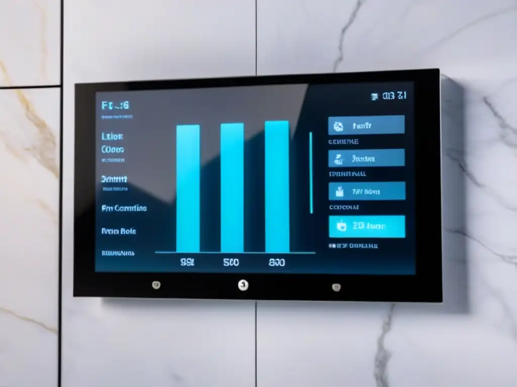 Panel de control de hogar inteligente futurista en mármol Panel de control inteligente y futurista en pared de mármol, con funciones avanzadas y luces LED suaves