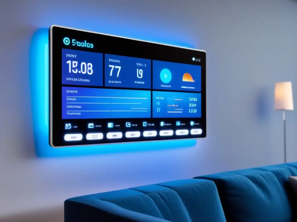 Panel de control inteligente para hogares del futuro: eficiencia energética y alertas en tiempo real Panel de control inteligente futurista en hogar, mostrando datos de consumo y alertas de mantenimiento en ambiente moderno