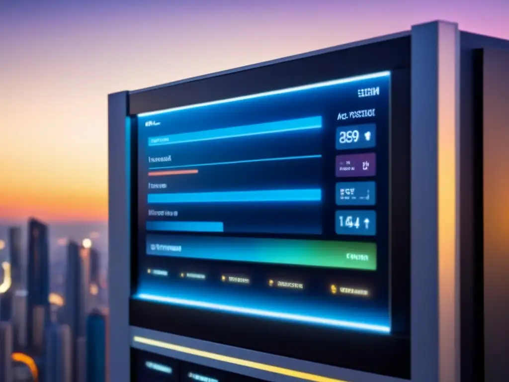 Panel de control inteligente de hogar de lujo en la ciudad nocturna Panel de control inteligente de hogar de lujo y moderno mostrando datos en tiempo real, en una ciudad nocturna futurista
