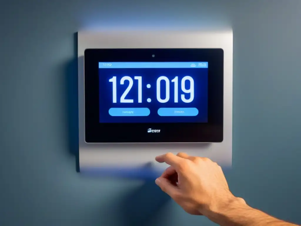 Panel de control Smart Home moderno - Tecnología futurista en tu hogar Panel de control de Smart Home moderno iluminado en azul en una sala elegante