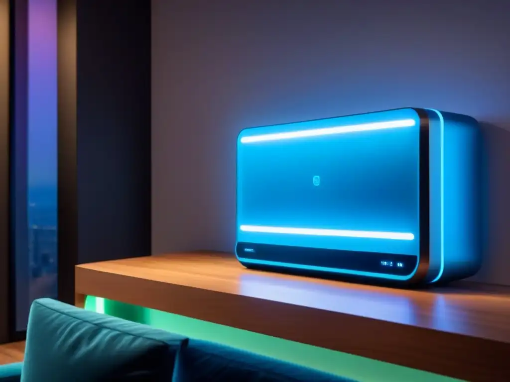 Panel de control de seguridad futurista con reconocimiento facial y escáner de huellas dactilares Un panel de control de seguridad moderno con tecnología avanzada, iluminado con luz azul en un elegante salón inteligente