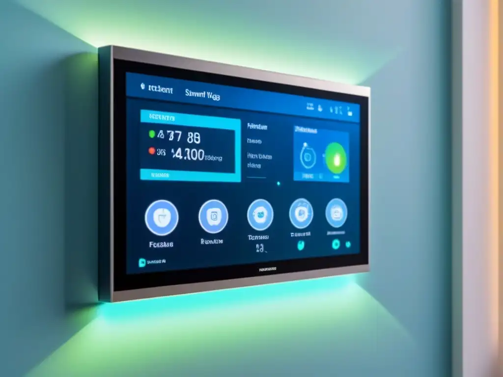 Panel de control de sistema domótico futurista en hogar inteligente, enfatizando eficiencia energética en edificios automatizados