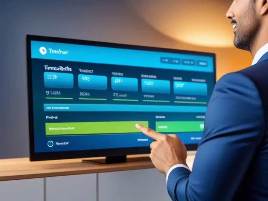 Tablero digital futurista: gestión de reseñas en tiempo real Un panel digital futurista muestra la gestión de reseñas online para un tiempo compartido, con gráficos brillantes y controles táctiles