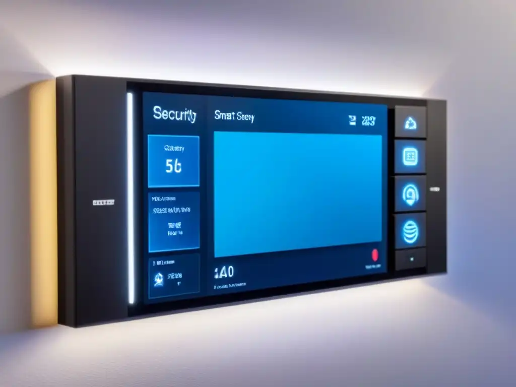 Panel de seguridad inteligente para hogar: interfaz futurista en pared Panel de seguridad en Smart Homes para inversionistas, con interfaz futurista y controles para monitorear y gestionar funciones de seguridad