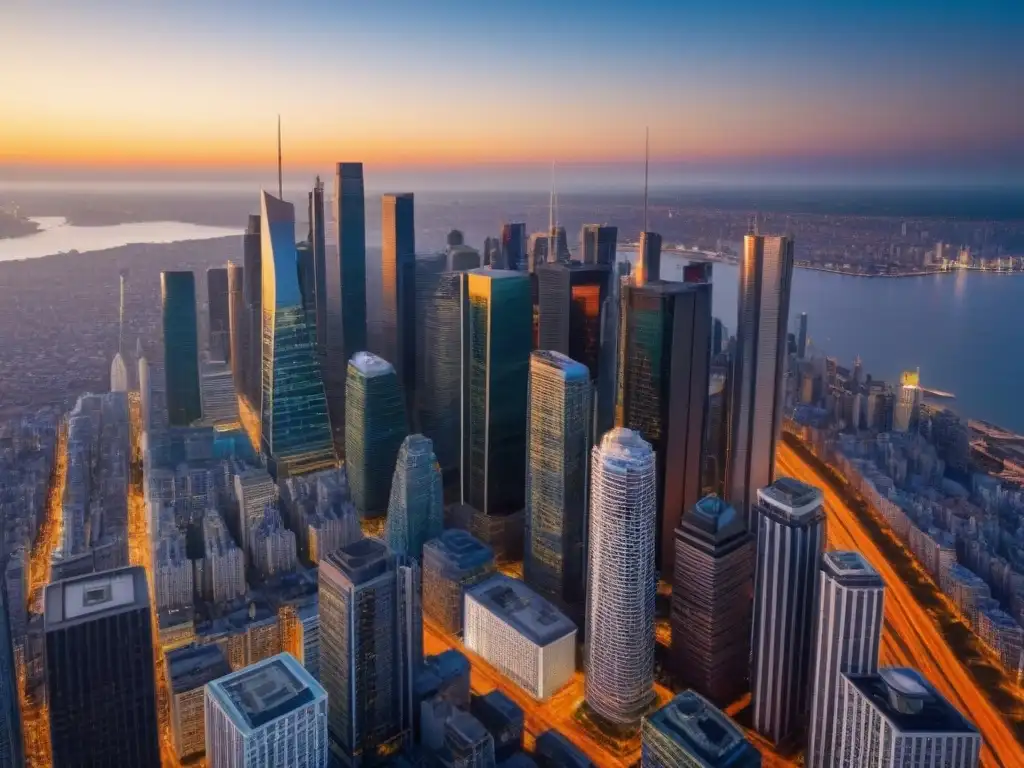 Espectacular panorama urbano de una metrópolis global en crecimiento Un panorama aéreo detallado de una ciudad vibrante con rascacielos modernos y edificios contemporáneos, iluminada por el atardecer