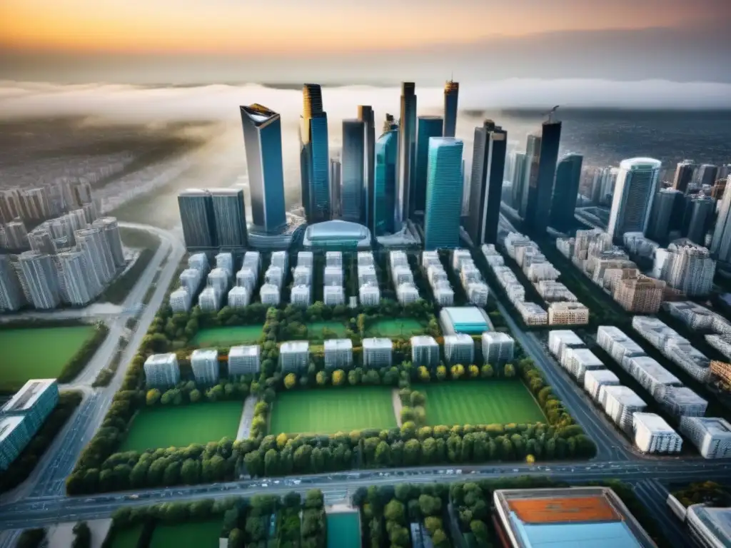 Metrópolis moderna: potencial inmobiliario emergente en centro urbano Un panorama impresionante de una ciudad con rascacielos modernos en mercados inmobiliarios emergentes bajo riesgo