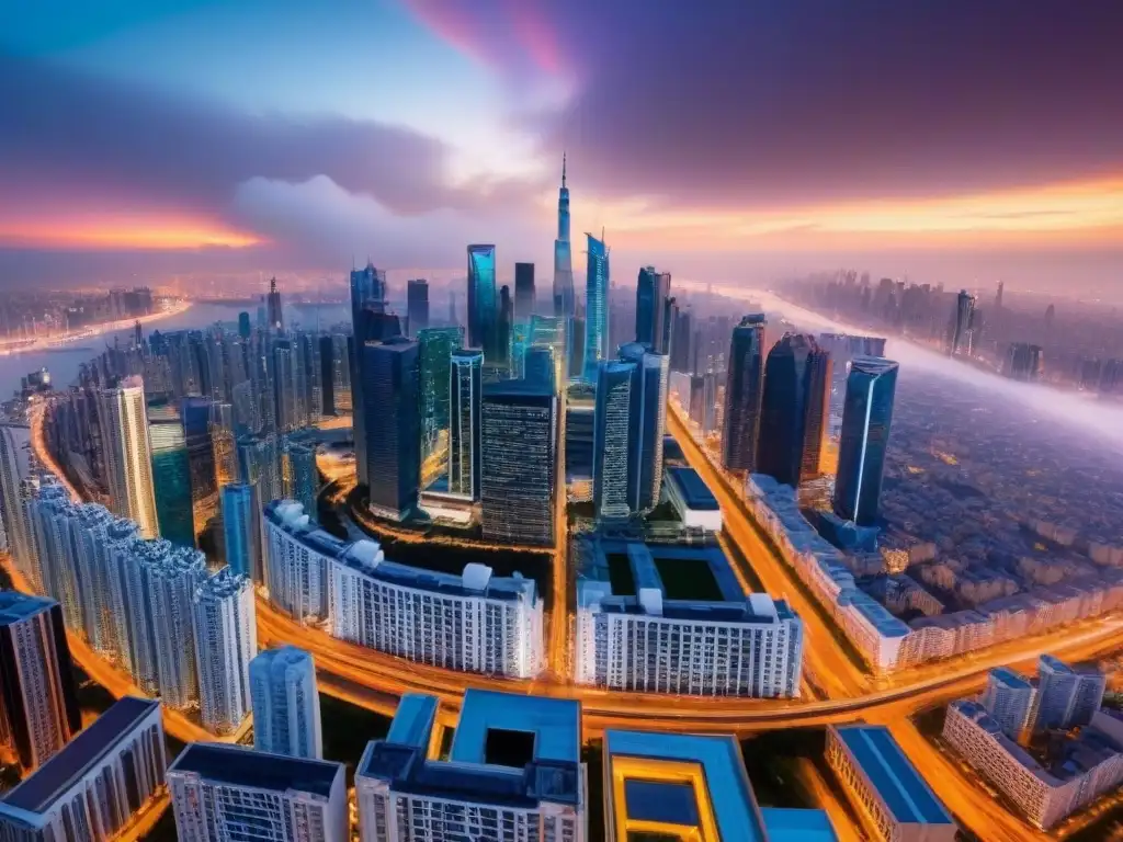 Skyline moderno al atardecer: arquitectura futurista en ciudad internacional Un panorama urbano moderno, lleno de rascacielos en una ciudad internacional vibrante al atardecer