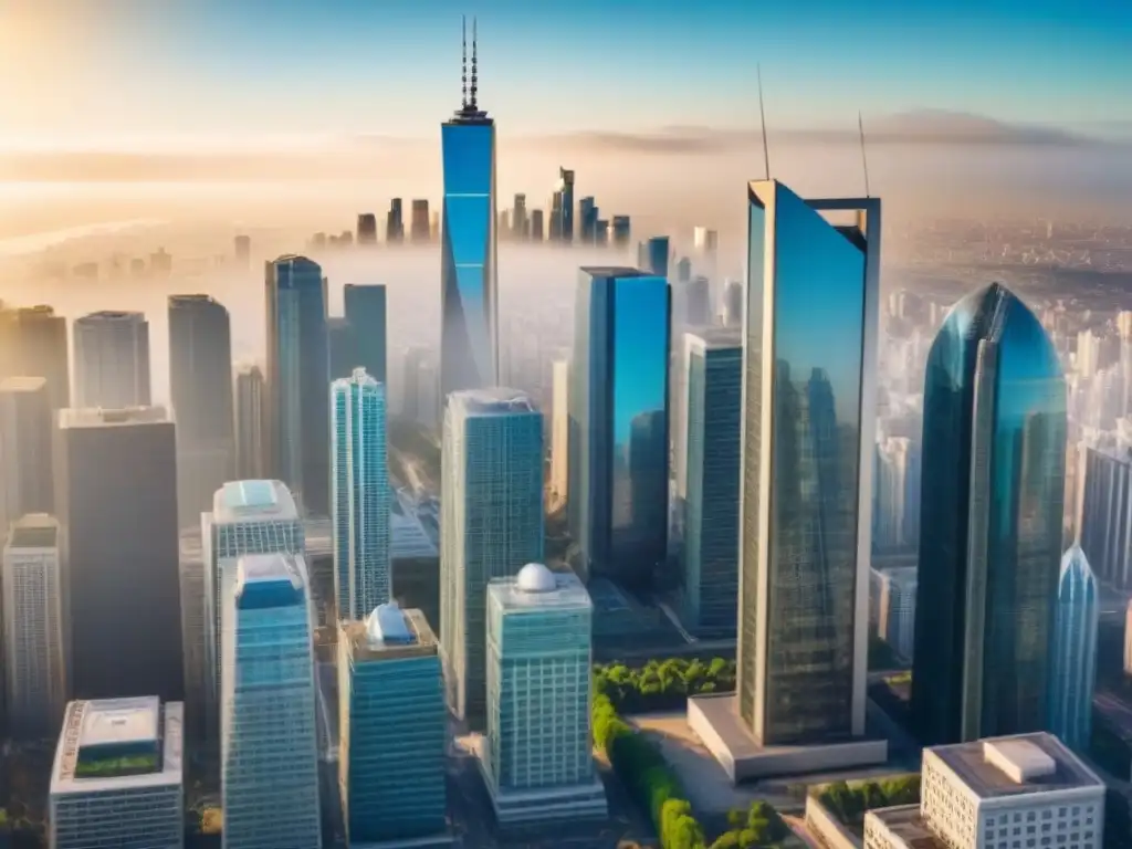 Metrópolis global: inversión y colaboración en la era moderna Un panorama urbano con rascacielos modernos resplandeciendo al sol