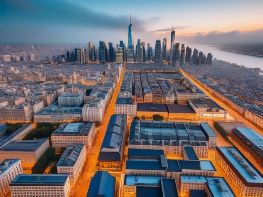 Metrópolis moderna: skyline de rascacielos y calles vibrantes Panorámica aérea de una ciudad próspera, con rascacielos lujosos y calles llenas de boutiques y cafés