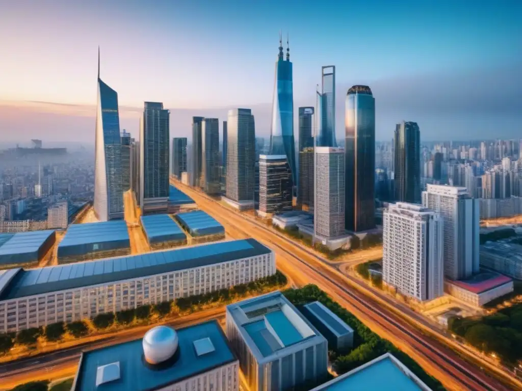 Skyline urbano: diversidad arquitectónica en una ciudad vibrante Panorámica de una ciudad dinámica con rascacielos modernos y bulliciosa calle