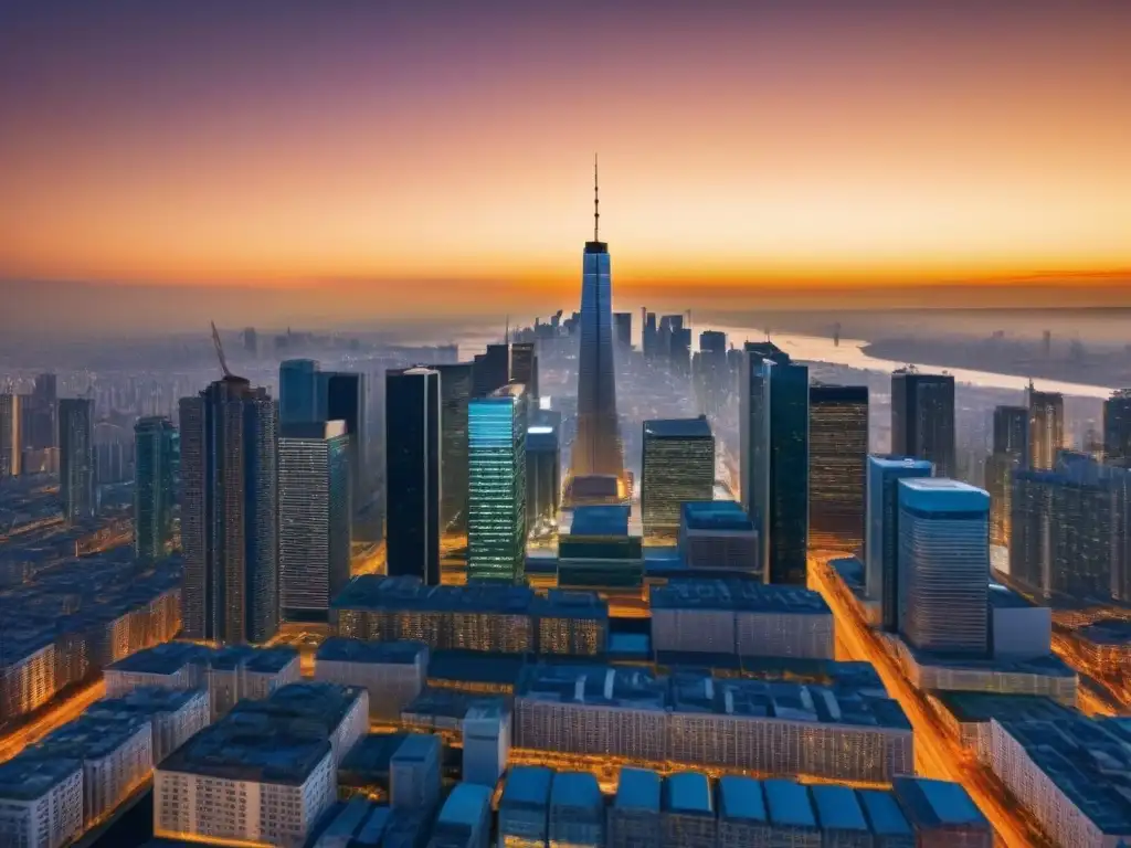 Skyline futurista con blockchain: ciudad de cristal al atardecer Panorámica de ciudad moderna con rascacielos y nodos blockchain, reflejando transacciones inmobiliarias internacionales con blockchain al atardecer
