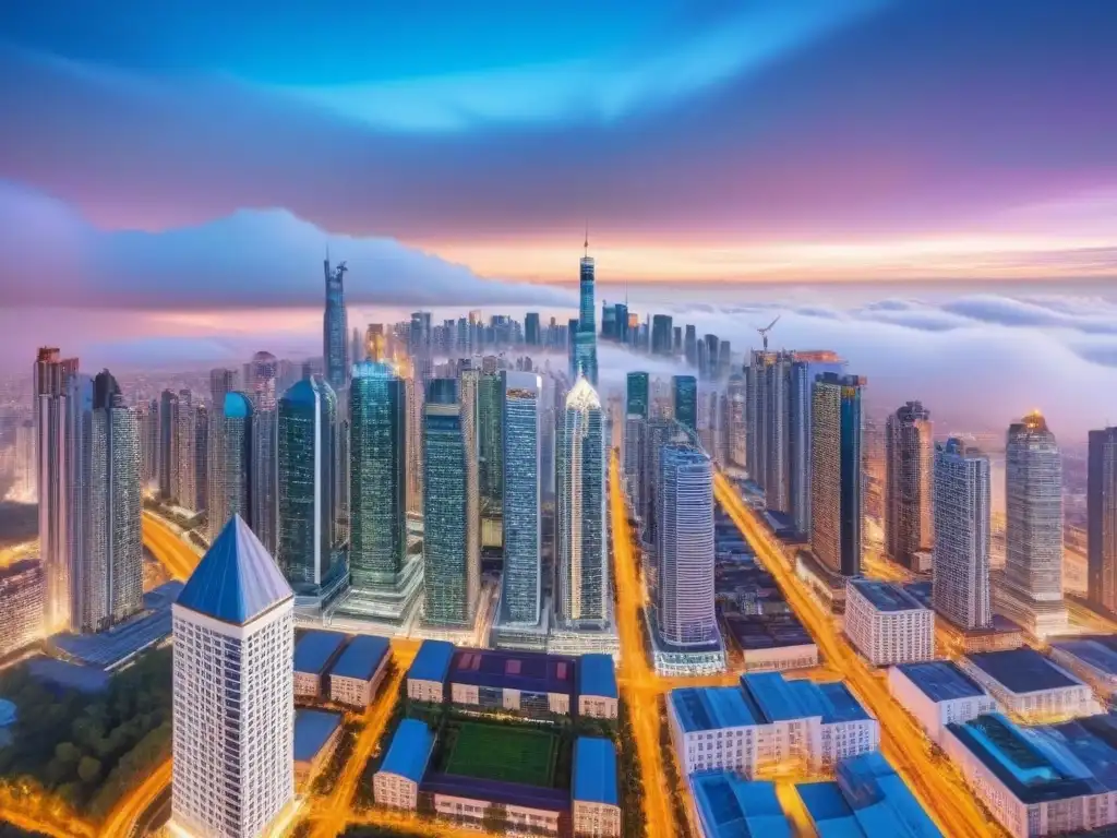 Oportunidades de inversión inmobiliaria en un mercado global vibrante Panorámica de una ciudad moderna con rascacielos, simbolizando estrategias de diversificación en el mercado inmobiliario