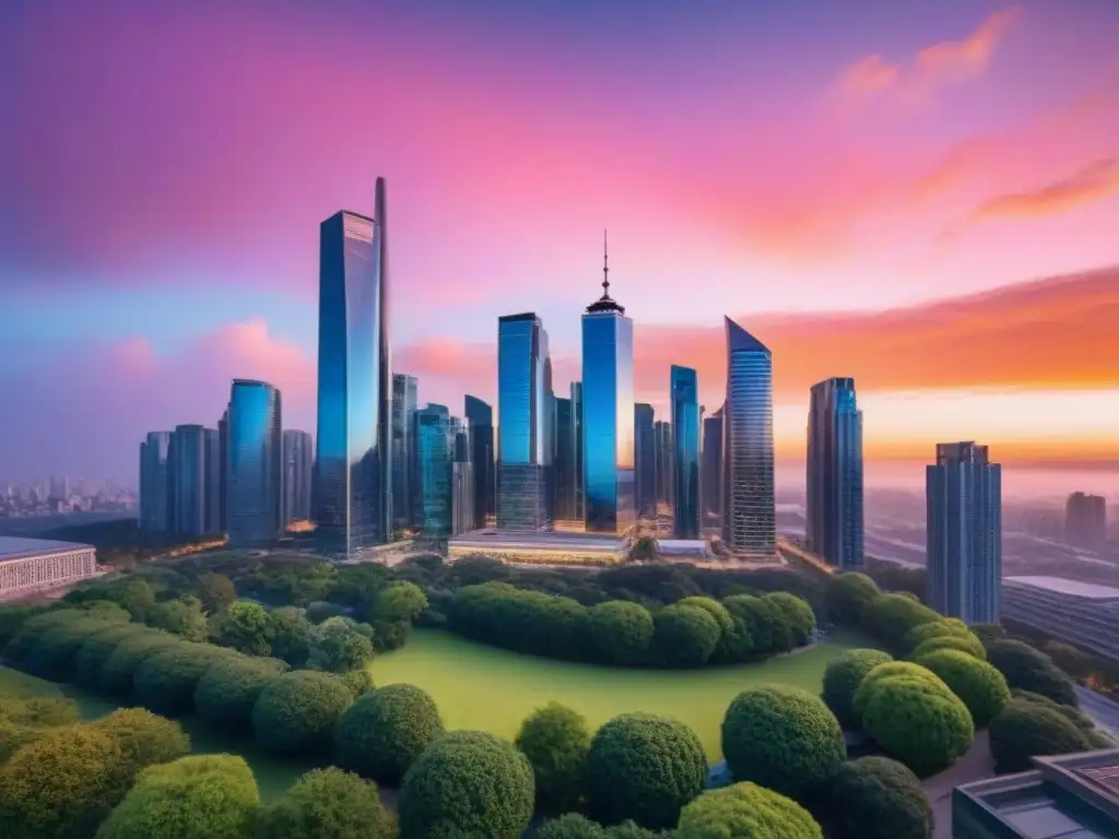 Metrópolis moderna al atardecer: skyline vibrante y parque urbano Panorámica de una ciudad vibrante al atardecer, con rascacielos y un parque urbano, ideal para inversor futuro inmobiliario