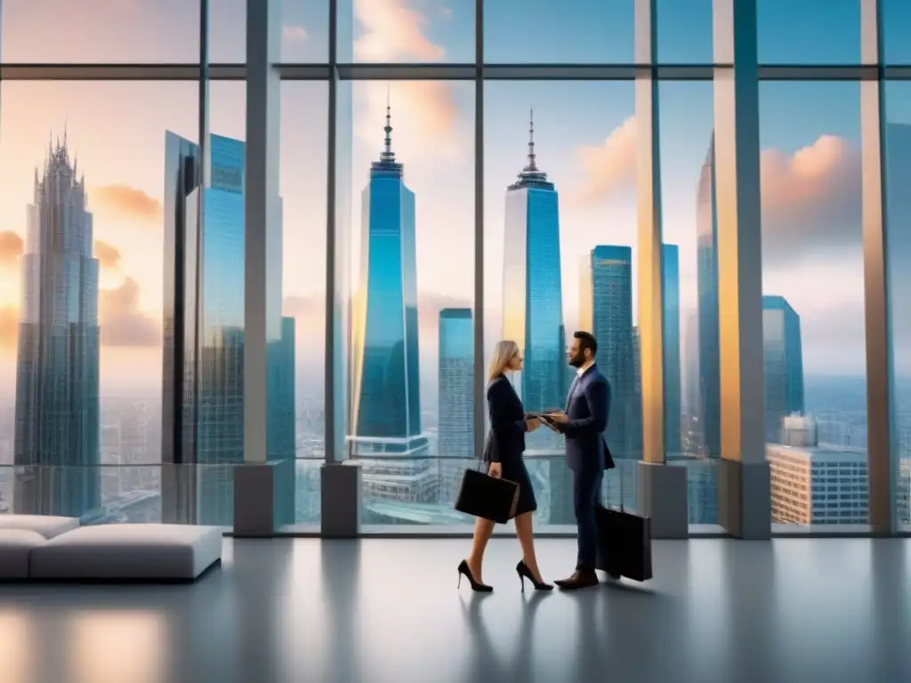 Inversiones inteligentes: panorama financiero global Panorámica de distrito financiero con rascacielos modernos y profesionales, simbolizando inversión inteligente mercado inmobiliario internacional