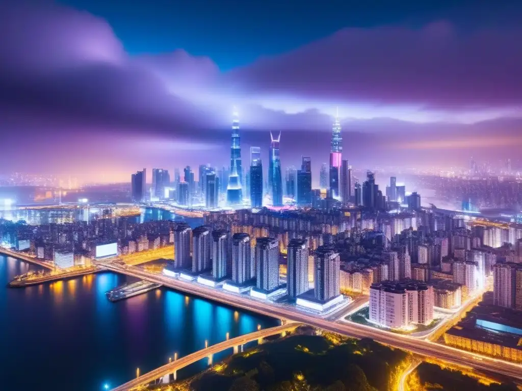 Metrópolis futurista: luces neón y tecnología IoT en la noche Panorámica nocturna de ciudad futurista con rascacielos interconectados por caminos digitales iluminados, mostrando impacto IoT en bienes raíces