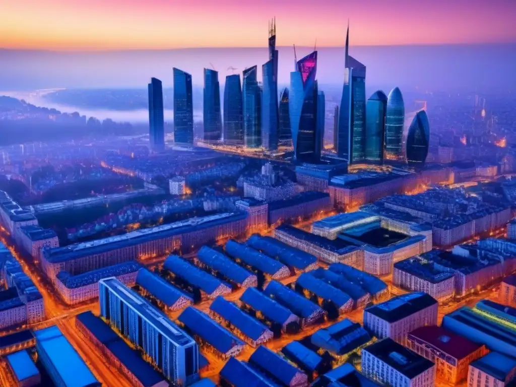 Esplendor urbano: horizonte moderno de Europa del Este al atardecer Panorámica de un skyline moderno en Europa del Este con rascacielos, calles bulliciosas y un atardecer vibrante