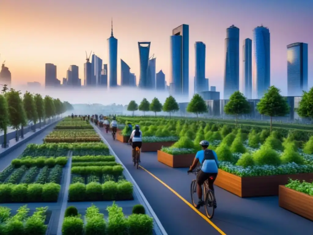 Skyline sostenible: diseño eco en la ciudad moderna Panorámica urbana al anochecer con edificios modernos y elementos ecofriendly, destacando la resiliencia climática en inmobiliaria internac
