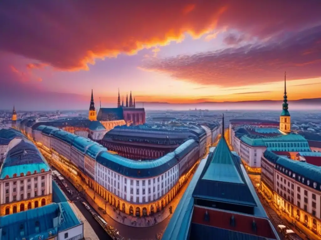 Panorama urbano en Europa del Este: modernidad y tradición Panorámica urbana de Europa del Este con inversiones inmobiliarias y vibrante actividad bajo un cielo dramático al atardecer
