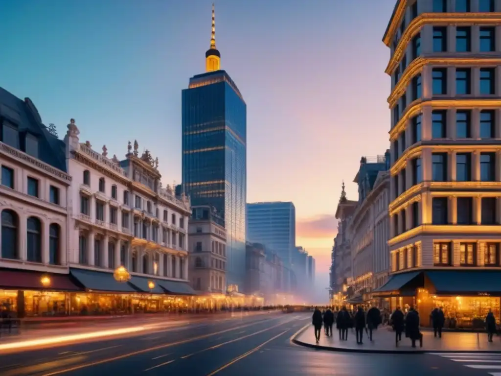 Cityscape urbano: Edificios modernos y tradicionales en la hora azul Una panorámica urbana al anochecer con modernos rascacielos y edificios históricos iluminados