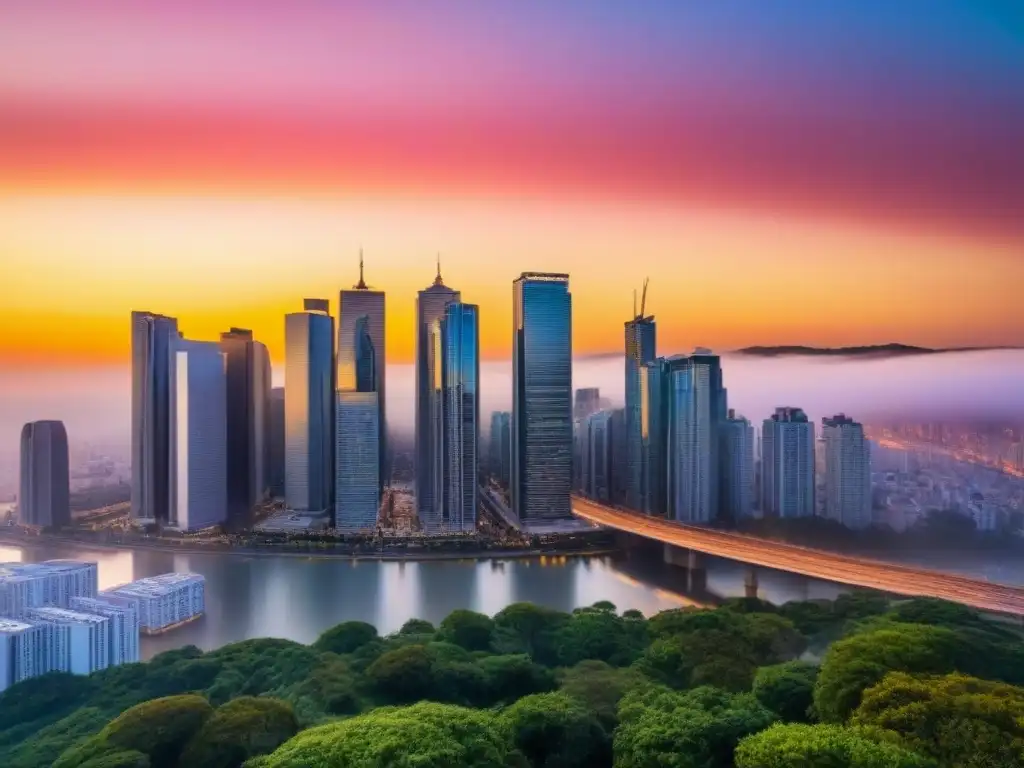 Horizonte urbano al atardecer: la evolución del mercado inmobiliario Panorámica urbana con rascacielos modernos reflejando la puesta de sol, representando la influencia de la Generación millennial compra viviendas internacionalmente