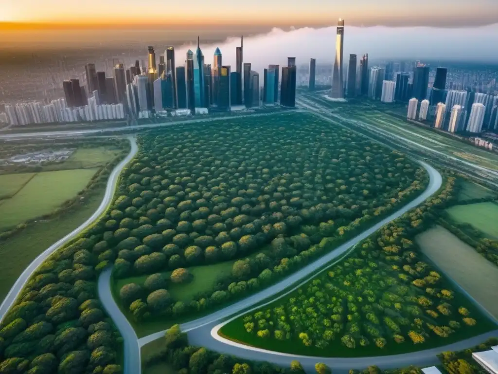 Panorámica vibrante de terrenos sin desarrollar mercado inmobiliario y ciudad moderna al fondo, resaltando oportunidades de crecimiento