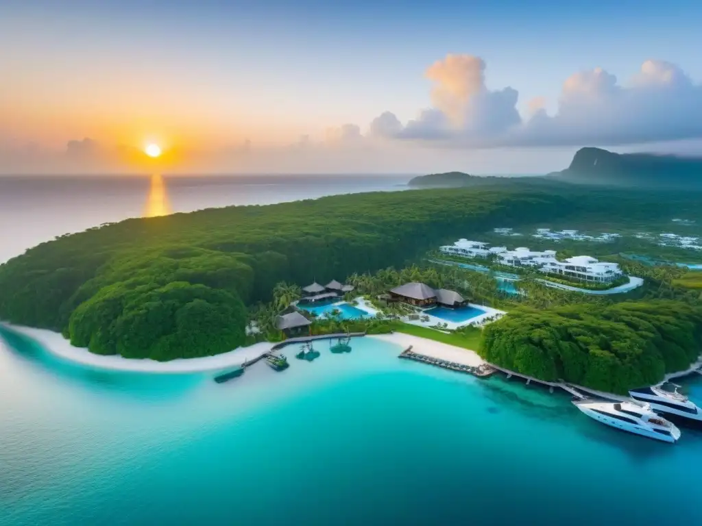 Paraíso exclusivo: isla privada de lujo con villas y yate Island paradisíaca con villas lujosas, piscinas infinity y yate privado al atardecer