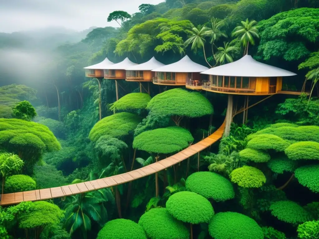 Aldea ecofriendly en selva tropical: innovación y sostenibilidad Un paradisíaco pueblo de casas en los árboles, fusionando naturaleza y arquitectura moderna