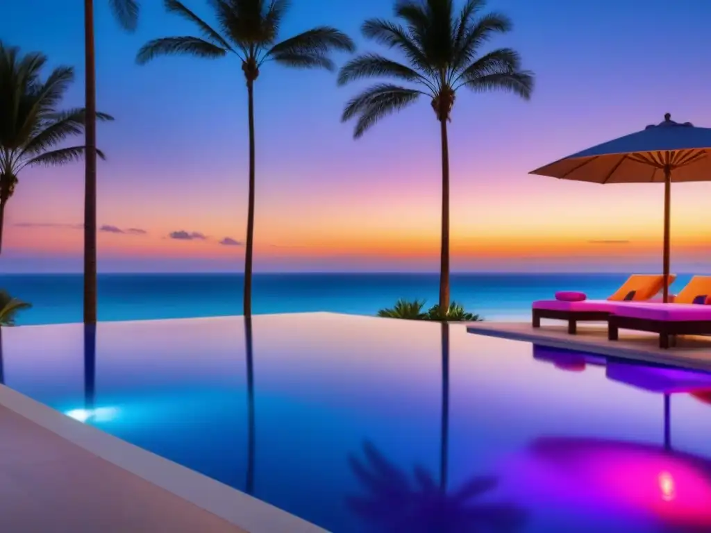 Paraíso de lujo: piscina infinita frente al mar Un paraíso compartido de lujo: piscina infinita frente a la playa, palmeras, cómodas tumbonas y atardecer en tonos naranja, rosa y morado